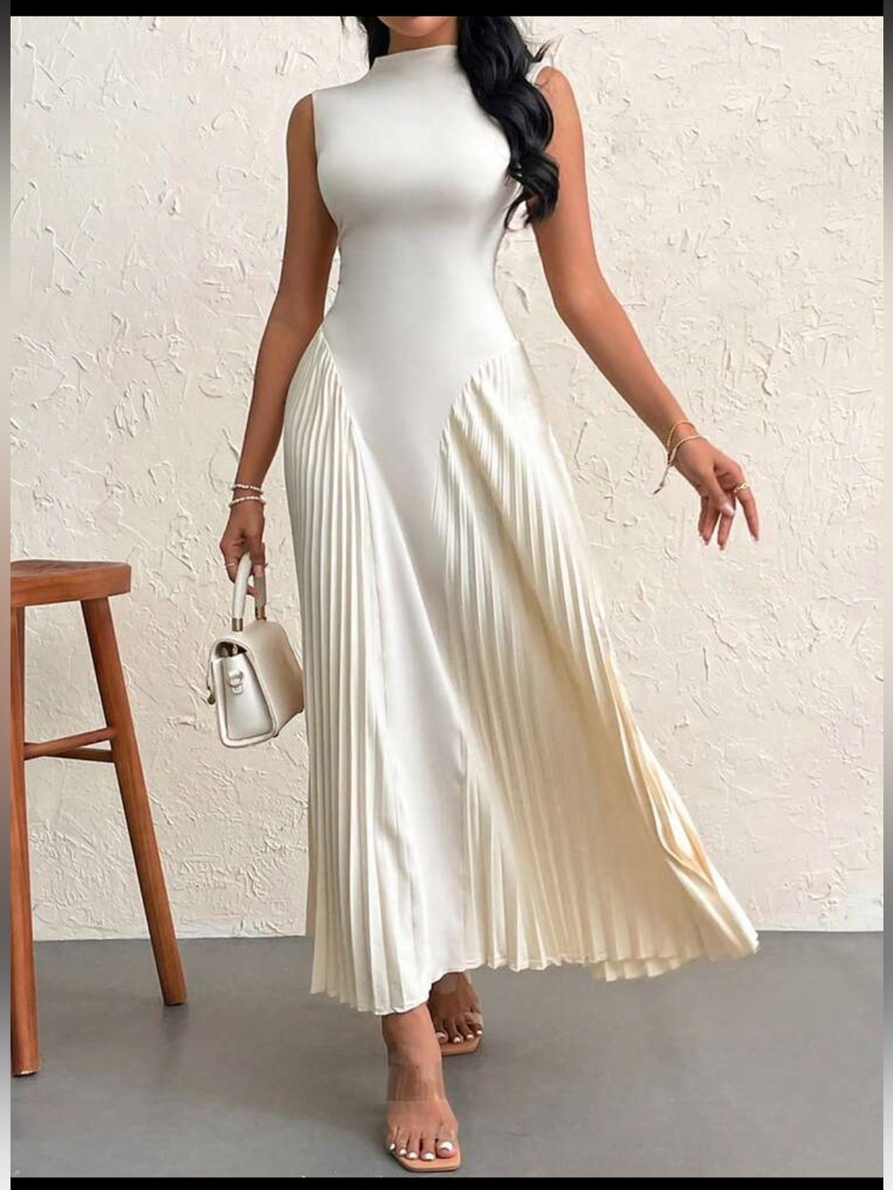 Elegant Cream Pleated Panel Maxi Dress - Women